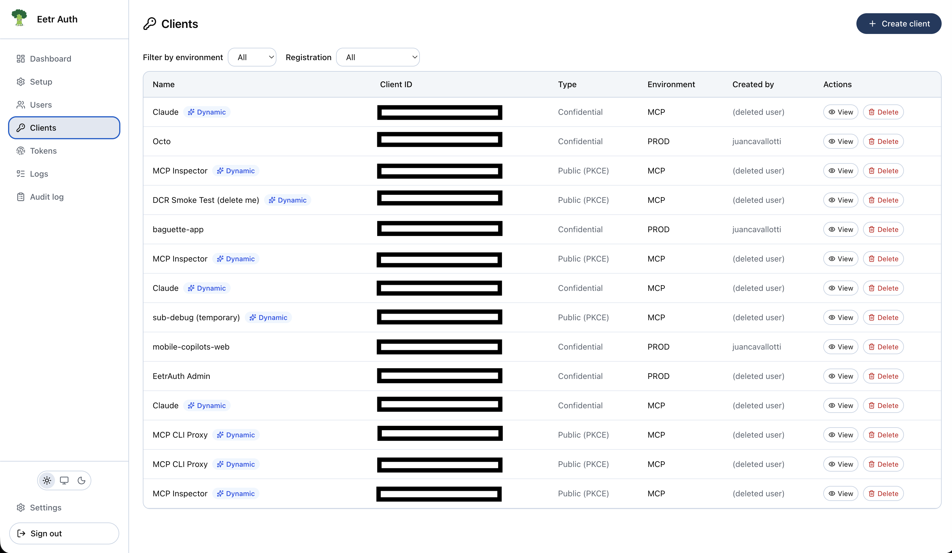 Admin Clients list showing confidential and public clients across environments; DCR-registered clients carry a blue Dynamic badge, with filters for environment and registration type