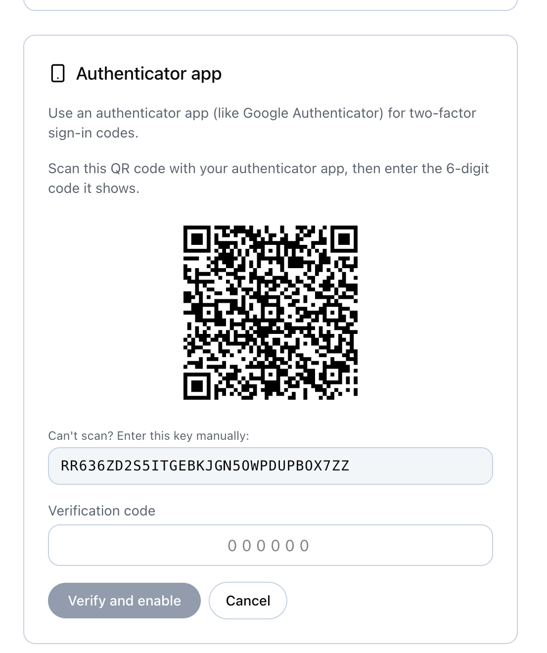 Authenticator app enrollment showing a QR code, a manual entry key, and a verification code field with Verify and enable