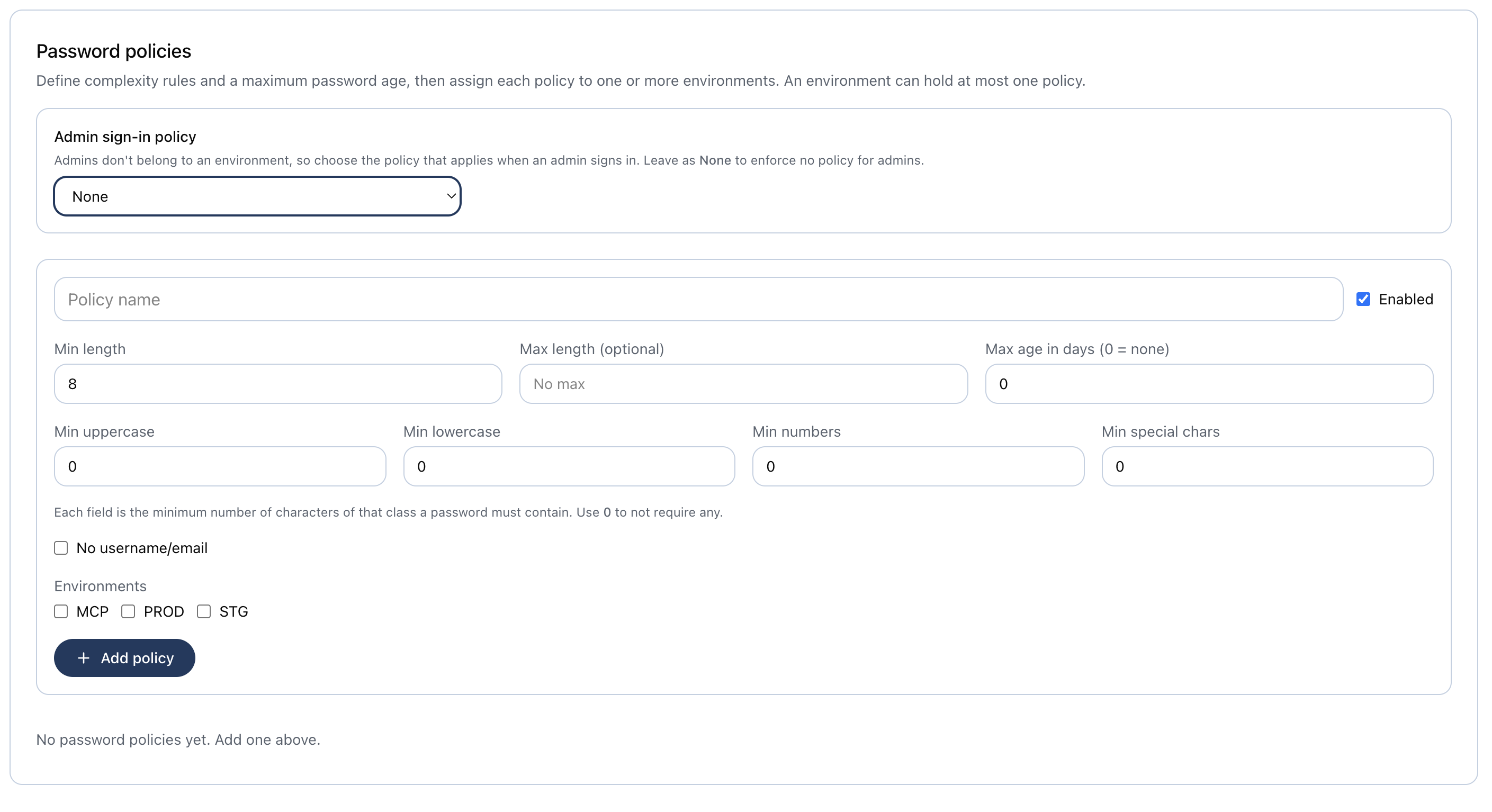 Setup → Password policies editor with min length, character-class minimums, max age, and per-environment assignment