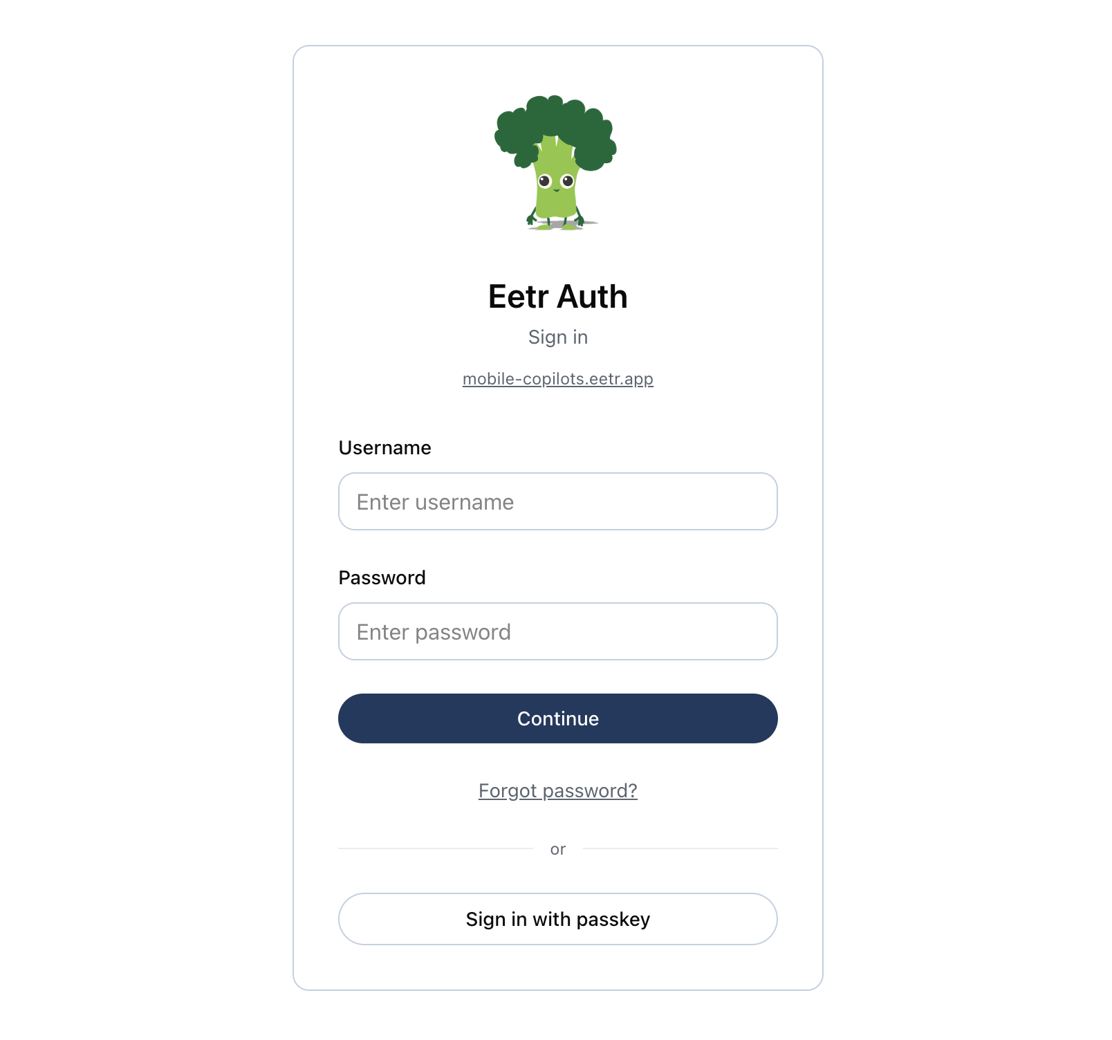 eetr-auth sign-in page with username and password fields and a 'Sign in with passkey' button